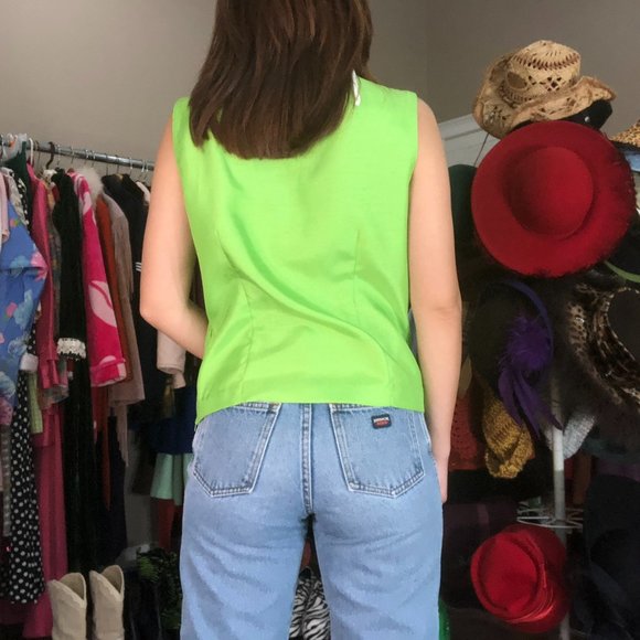 SIDE ZIP LIME AWAY 70s STYLE COLLAR SLEEVELESS TOP - Picture 3 of 4